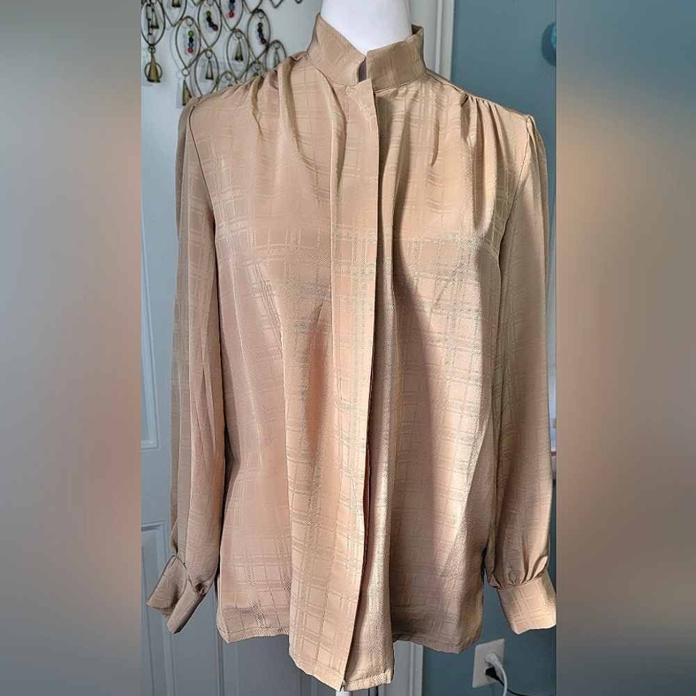 Vintage 70's Button Down Blouse Women's 14 Camel Checkered Long Puffed Sleeve